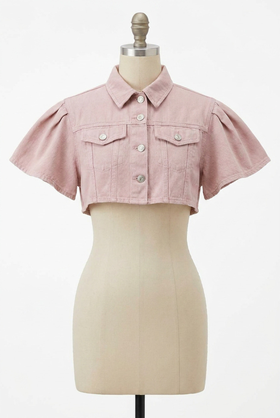 NEW BUCKETLIST short puff sleeves cropped denim jacket in lavender